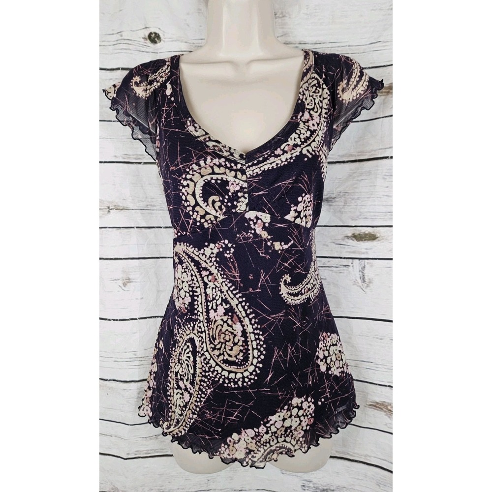 VTG Purple Print Mesh Babydoll Top L Fairy Grunge Y2K Paisley 90s Whimsigoth